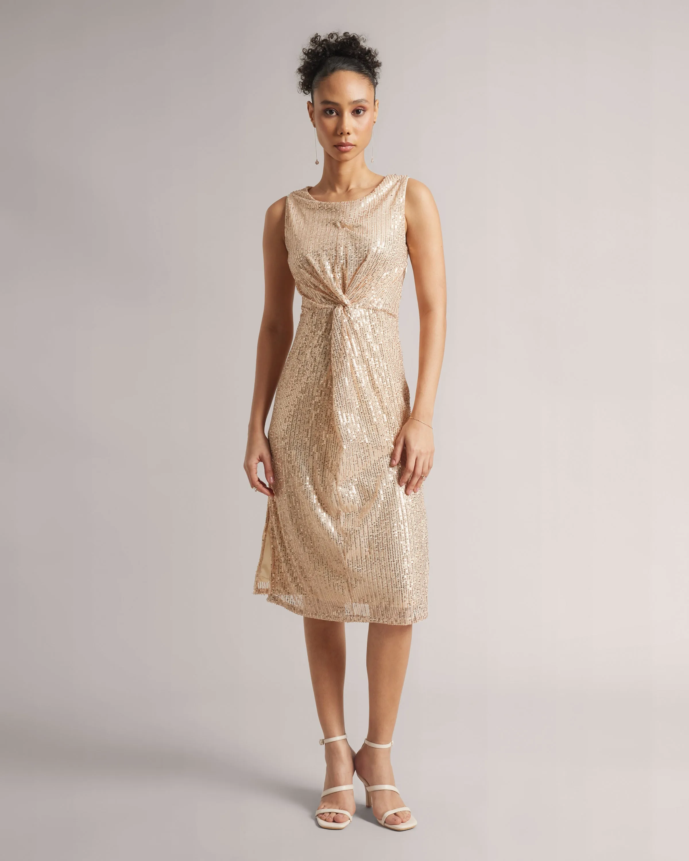 Champagne Beige Front Knot Sequin Midi Dress With Side Slits