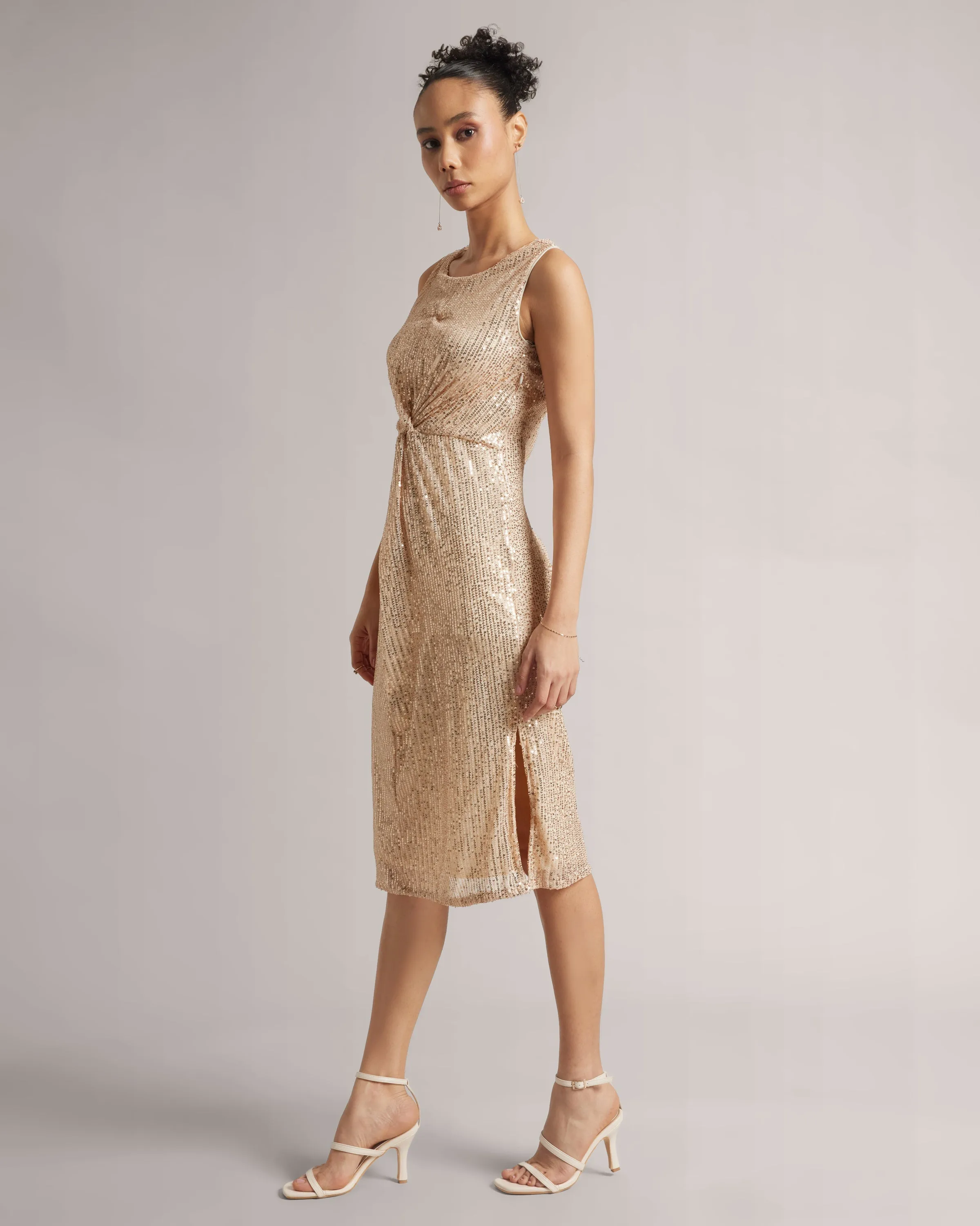 Champagne Beige Front Knot Sequin Midi Dress With Side Slits