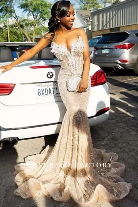 Champagne Strapless Shimmer Mermaid Horsehair Prom Dress