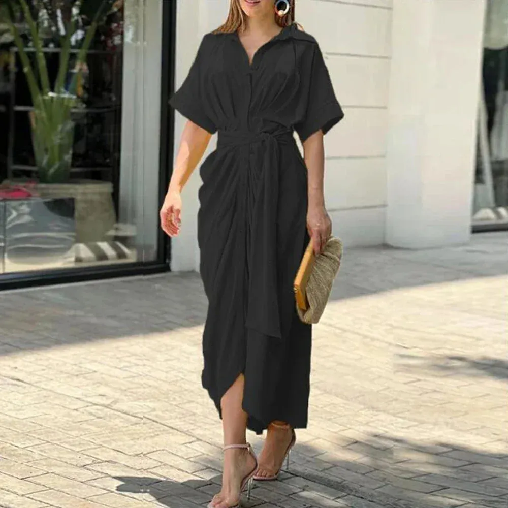 Chic Solid Button-up Draped Shirt Dress Women Elegant Lapel Short Sleeve High Waist Lace-Up Long Dresses Office Dress Vestidos