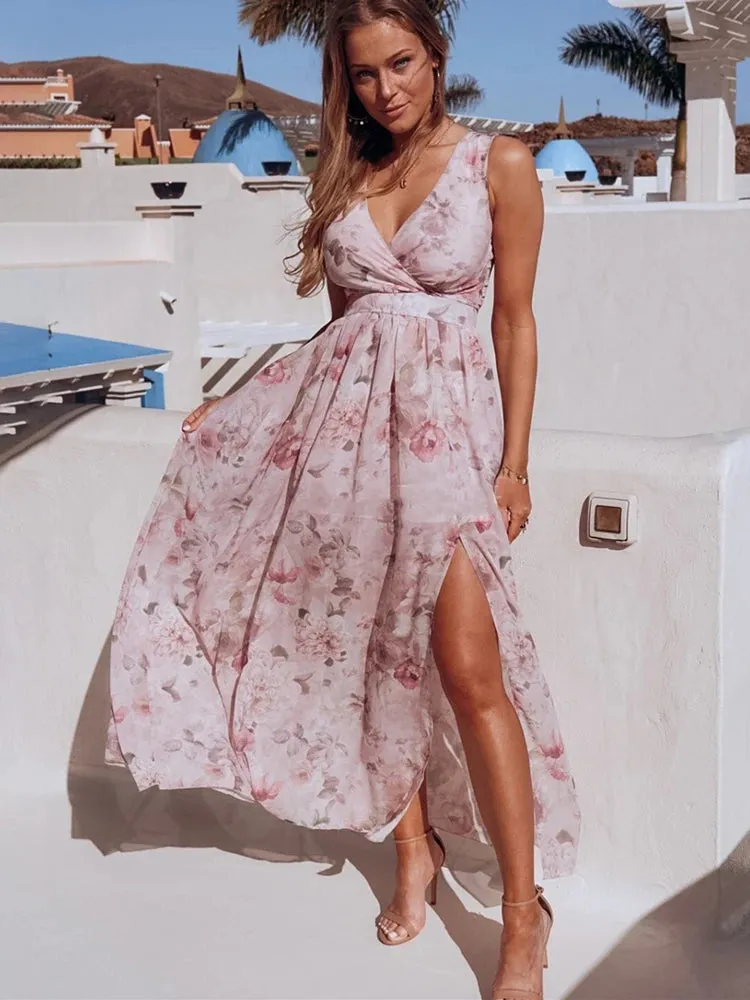 Chiffon Dress Pink Elegant Ladies Flroal Print Split Beach Holiday Long Maxi Dresses For Women Summer Clothes New Arrival 2022