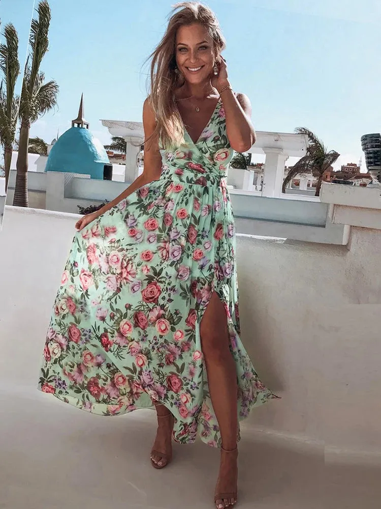 Chiffon Dress Pink Elegant Ladies Flroal Print Split Beach Holiday Long Maxi Dresses For Women Summer Clothes New Arrival 2022