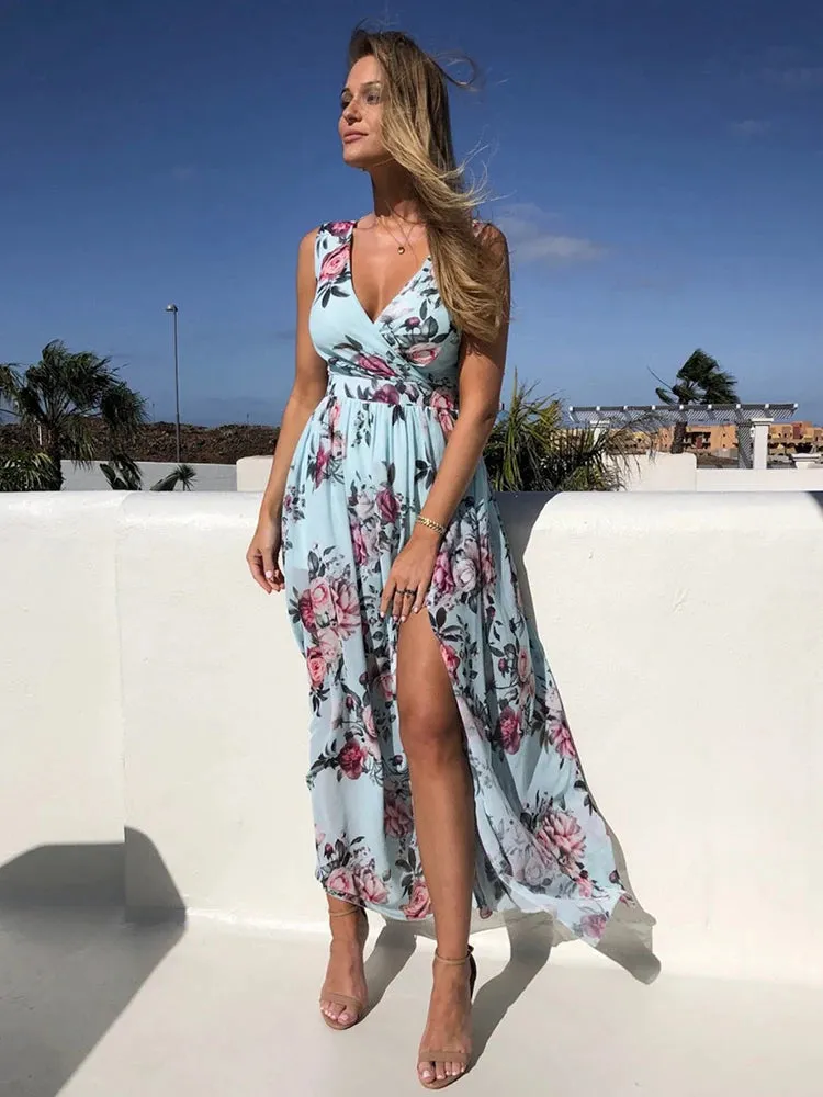 Chiffon Dress Pink Elegant Ladies Flroal Print Split Beach Holiday Long Maxi Dresses For Women Summer Clothes New Arrival 2022