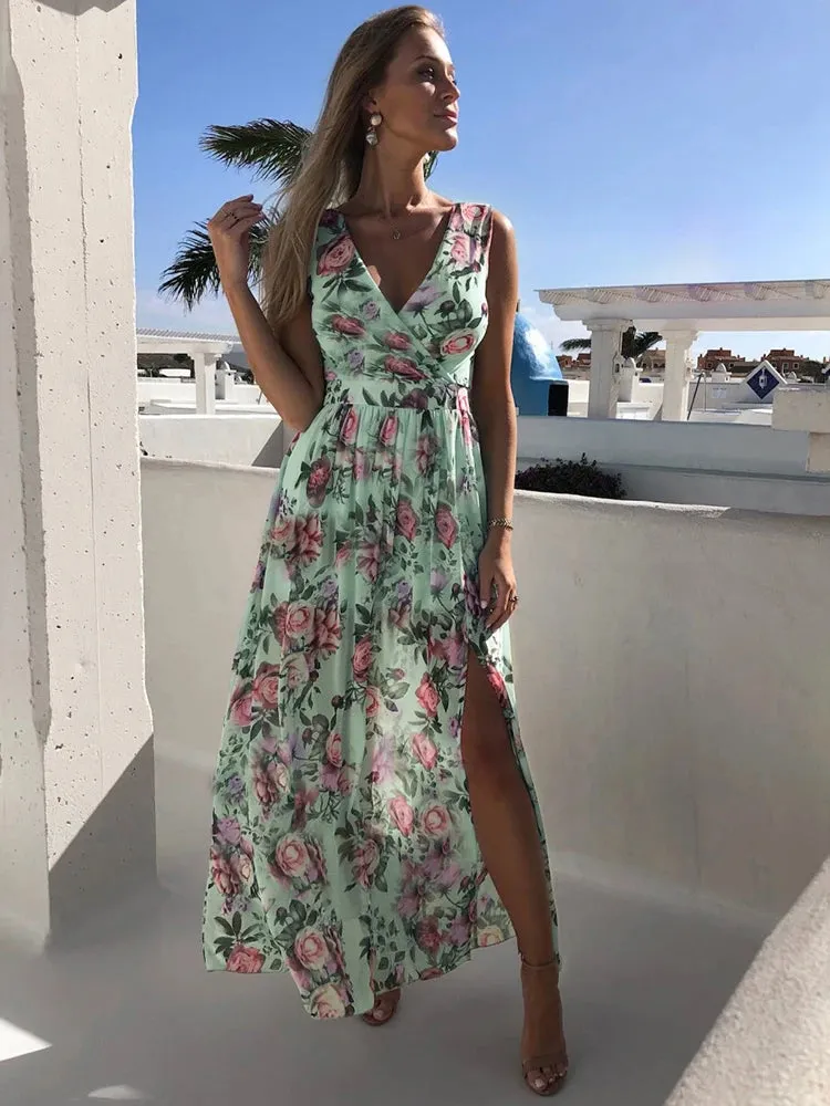 Chiffon Dress Pink Elegant Ladies Flroal Print Split Beach Holiday Long Maxi Dresses For Women Summer Clothes New Arrival 2022