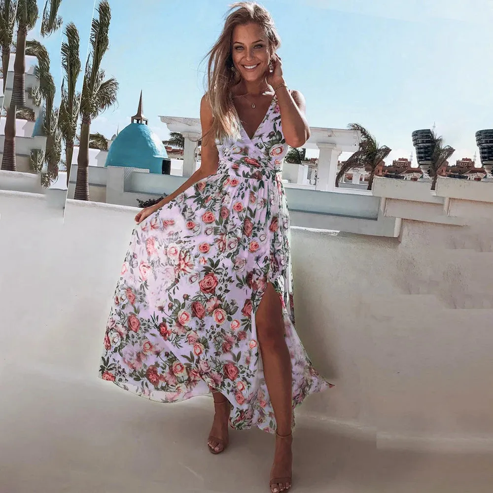 Chiffon Dress Pink Elegant Ladies Flroal Print Split Beach Holiday Long Maxi Dresses For Women Summer Clothes New Arrival 2022