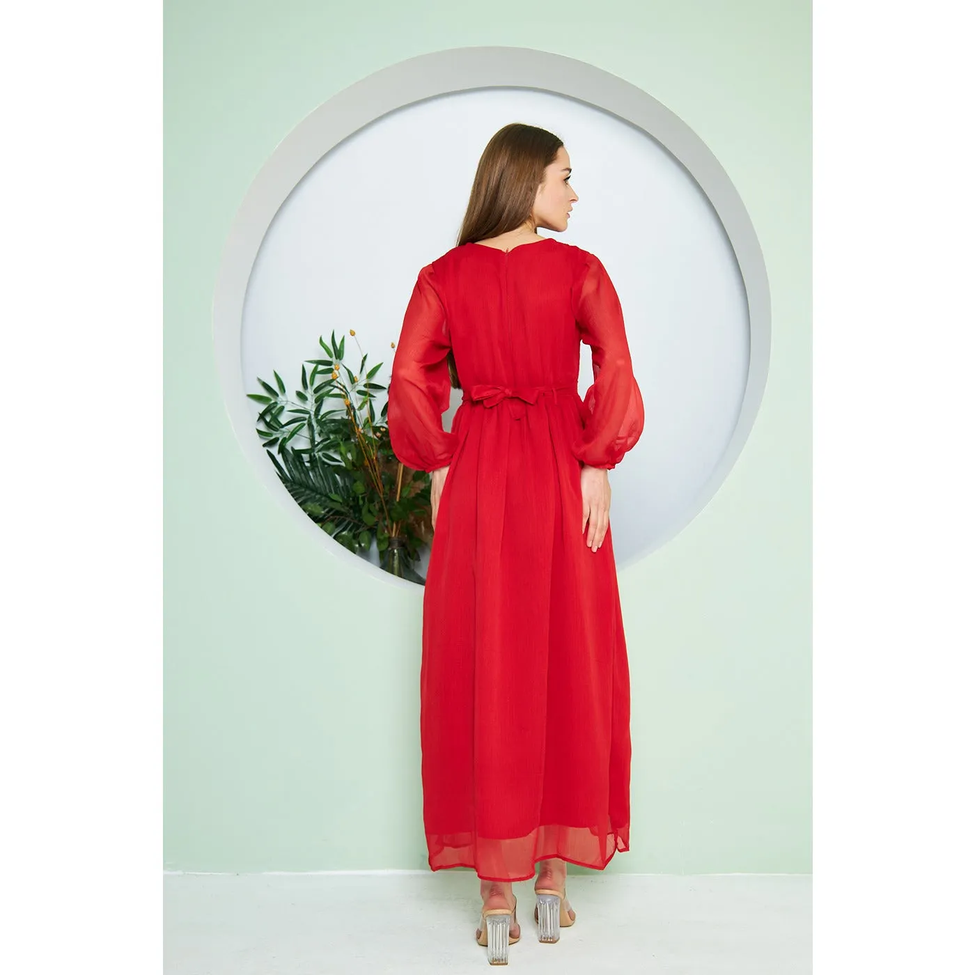 Chiffon Red V Neck Belted Dress