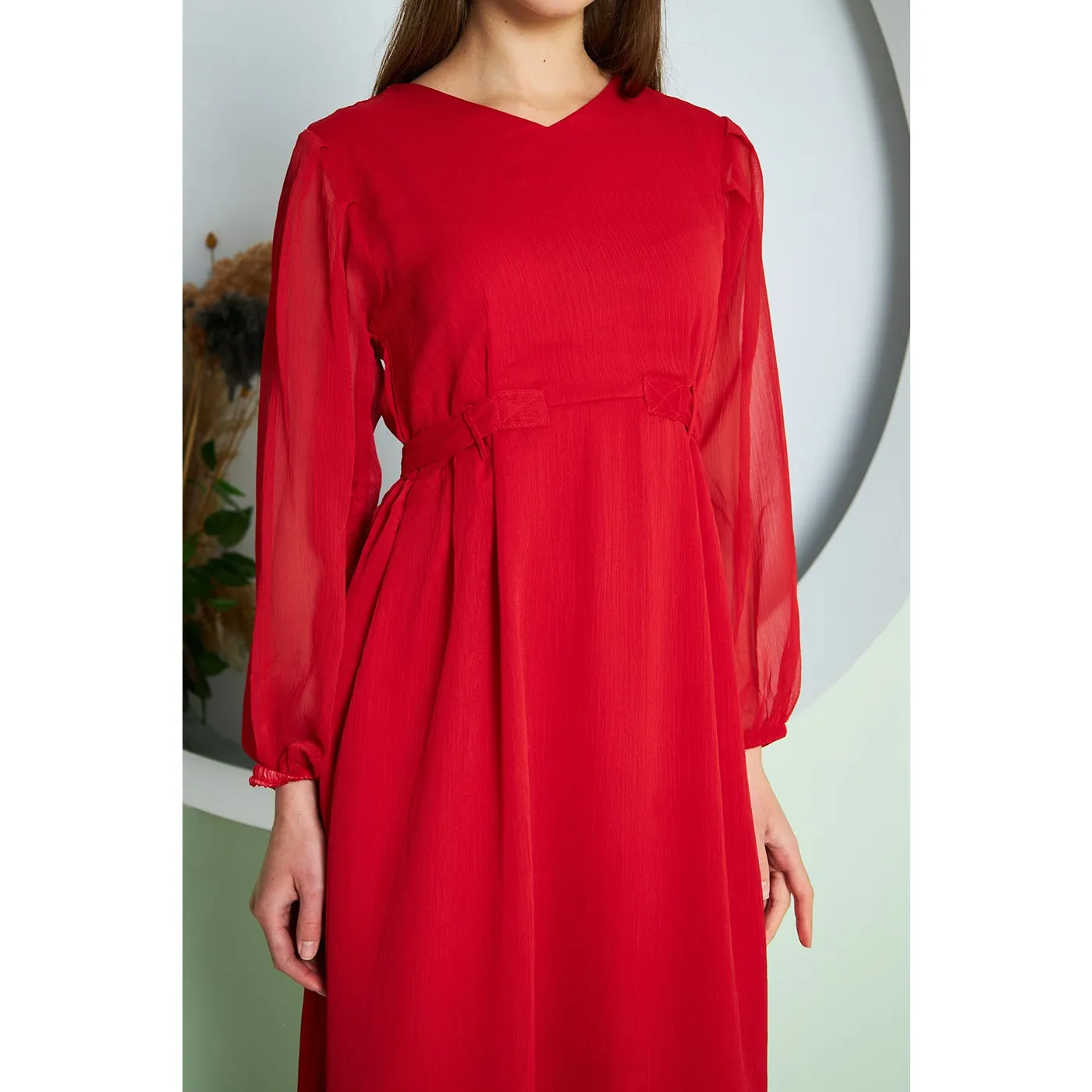 Chiffon Red V Neck Belted Dress