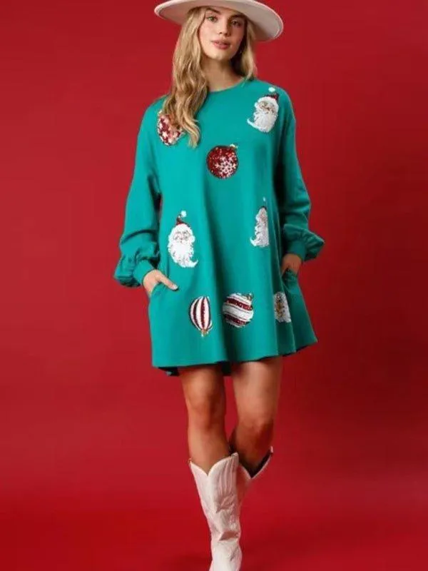 Christmas Ornament Long Sleeve Sequin Dress