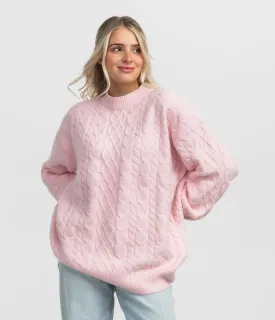 Comfy Cozy Cable Sweater - Pink Mist