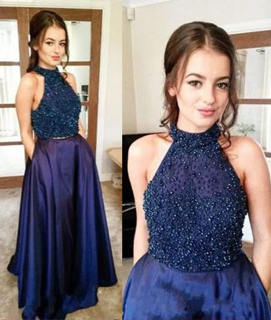 Custom Made Navy Blue Two Pieces Beaded Prom Dresses, Navy Blue Evening Dresses