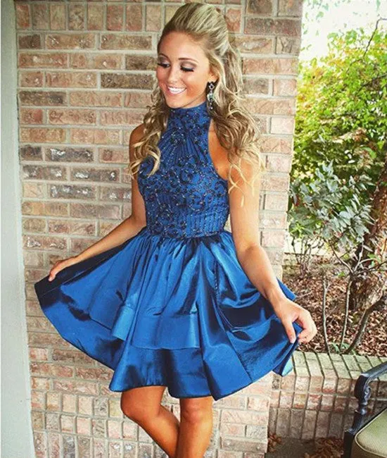 Cute High-Neck Sequin Beaded Short Blue Prom Dresses, Blue Homecoming Dresses