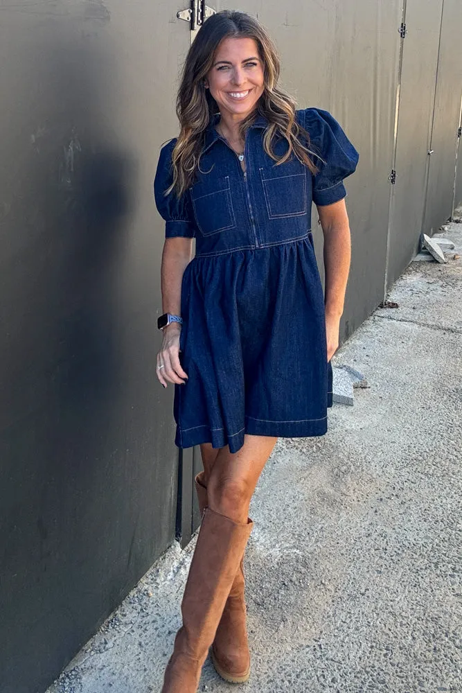 Denim Zip Neck Puff Sleeve Mini Dress-Dark Denim