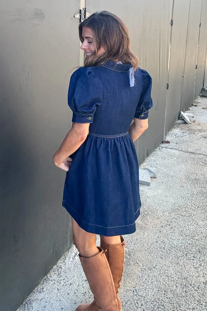 Denim Zip Neck Puff Sleeve Mini Dress-Dark Denim