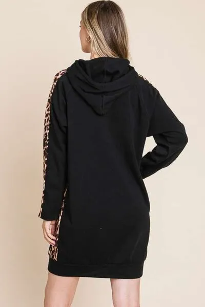 Drawstring Leopard Long Sleeve Hooded Dress