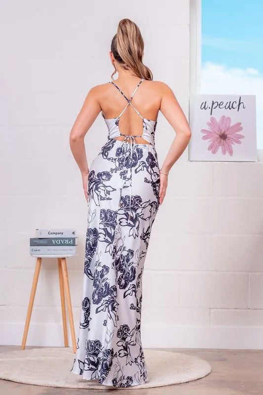 DRESS- SATIN SLIP FLORAL MAXI DRESS