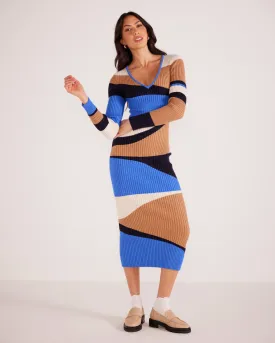 Edras Intarsia Knit Midi Dress Brown Blue Multi