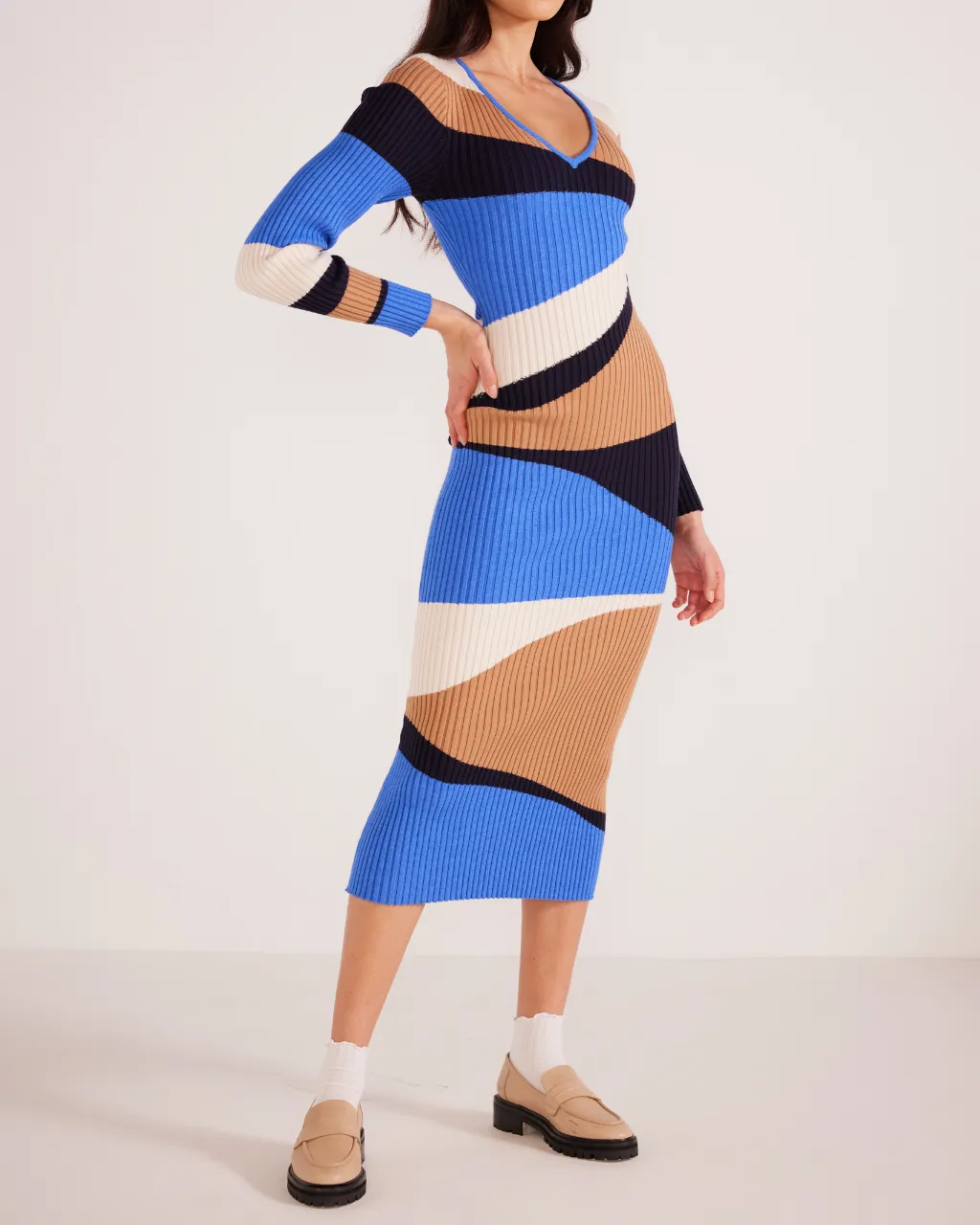 Edras Intarsia Knit Midi Dress Brown Blue Multi