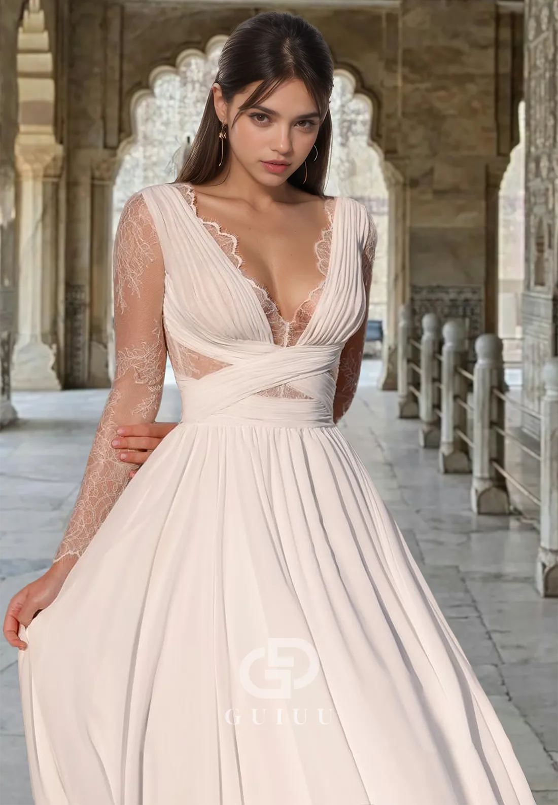 Elegant A-Line Lace Long Sleeves Deep V-Neck Corset Satin Wedding Dress