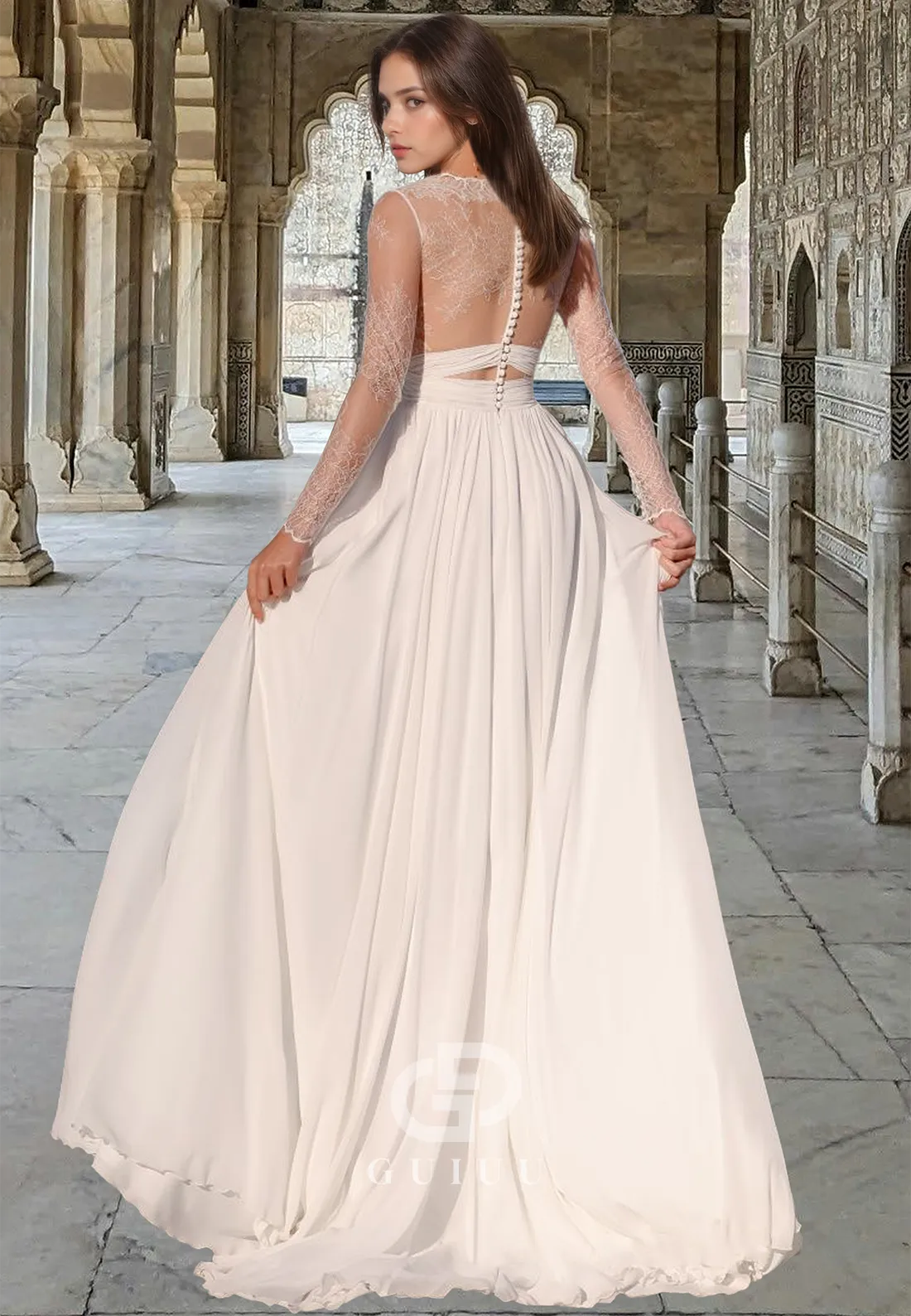 Elegant A-Line Lace Long Sleeves Deep V-Neck Corset Satin Wedding Dress