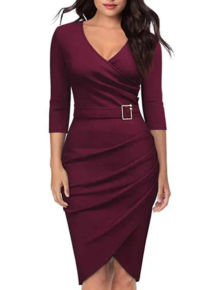 Elegant Fall Bodycon Short Dress Women Long Sleeve V Neck Slim Fit Work Robe Female OL Lady Solid Everyday Dresses