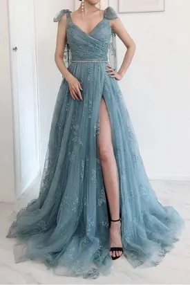 Elegant Open Back Dusty Blue Lace Long Prom Dress with High Slit, Long Dusty Blue Lace Formal Graduation Evening Dress A1337