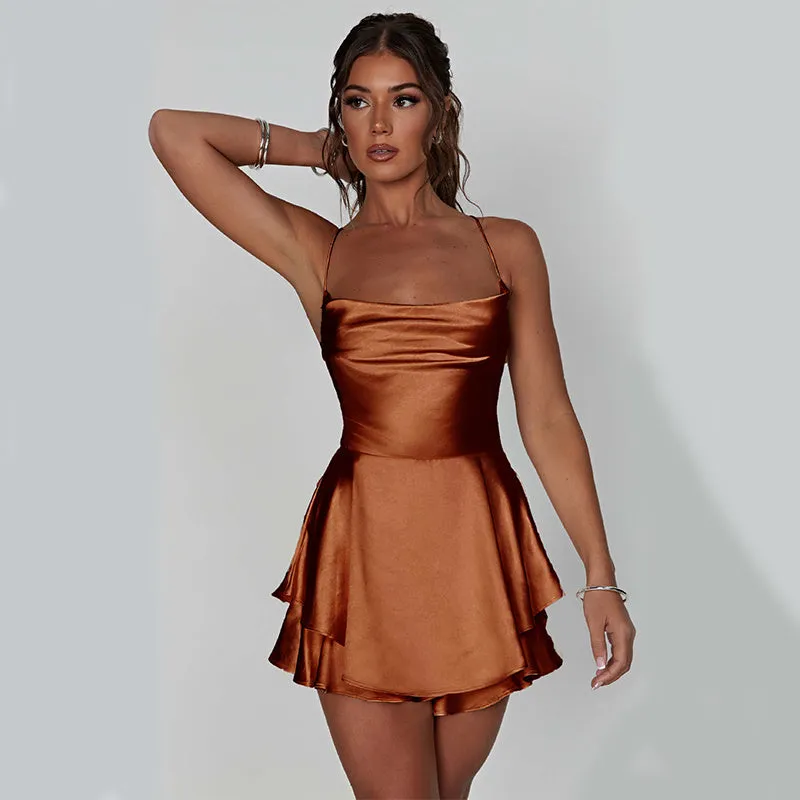 Elegant Slim Strap Satin Backless Lace Up A-Line Short Dress