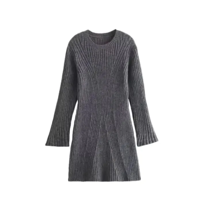 Fashion Solid Ribbed Knitted Dress Fall And Winter Slim-fit Stand-up Collar A-line Dresses Women's Clothing