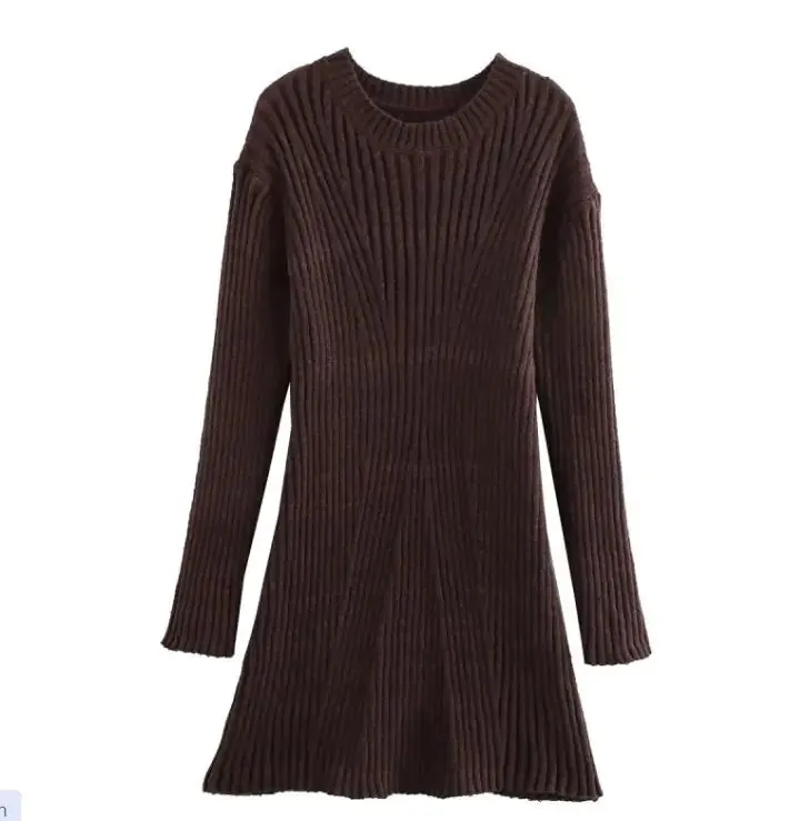 Fashion Solid Ribbed Knitted Dress Fall And Winter Slim-fit Stand-up Collar A-line Dresses Women's Clothing