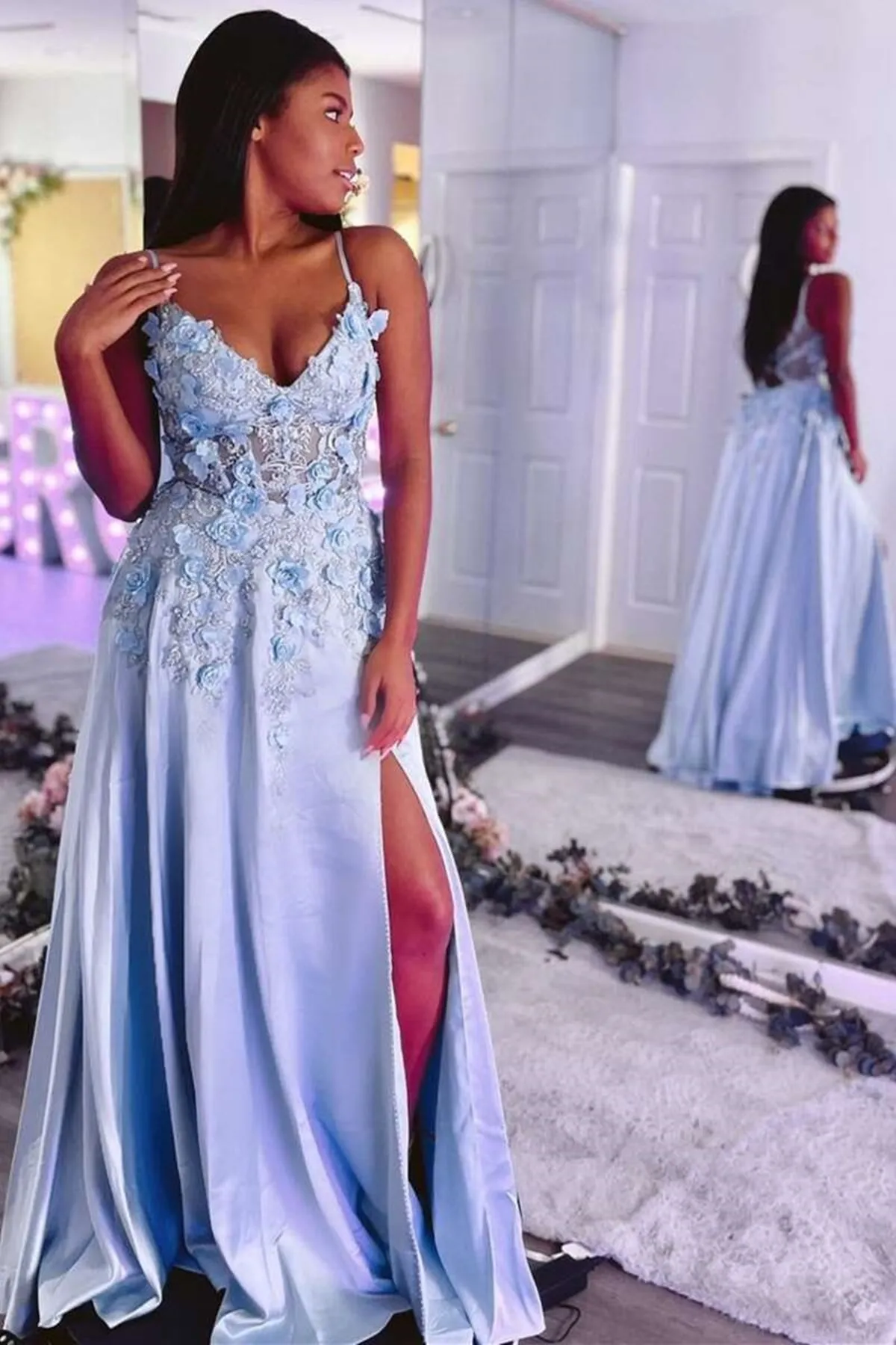 Fashion V Neck Blue Lace Floral Long Prom Dress with High Slit, Open Back Blue Formal Evening Dress with 3D Flowers A1548