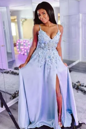 Fashion V Neck Blue Lace Floral Long Prom Dress with High Slit, Open Back Blue Formal Evening Dress with 3D Flowers A1548