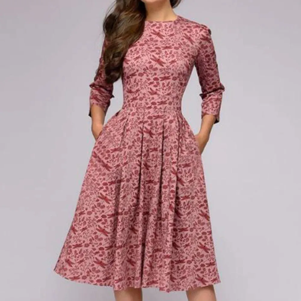 Fashion Women Dress Elegant Fashion Floral Print 3/4 Sleeve Round Neck A-line Slim Fit Ruched Prom Evening Party Dress Plus Size