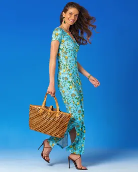 Flora Long Stretch Dress in Turquoise Hummingbird Print