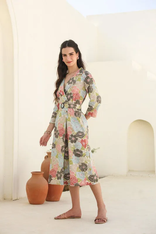 Floral Cascade Belted Cotton Flex Dress