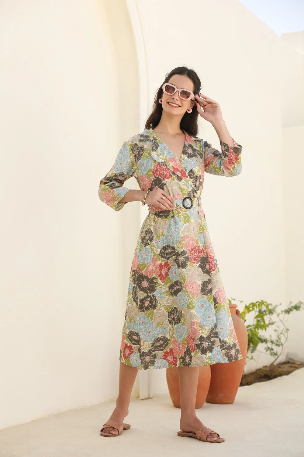 Floral Cascade Belted Cotton Flex Dress