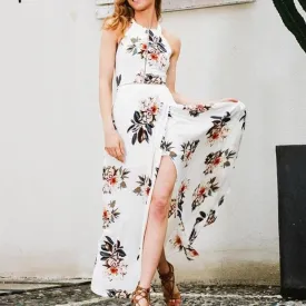 Floral Print Halter Chiffon Long Split Maxi Beach Dress