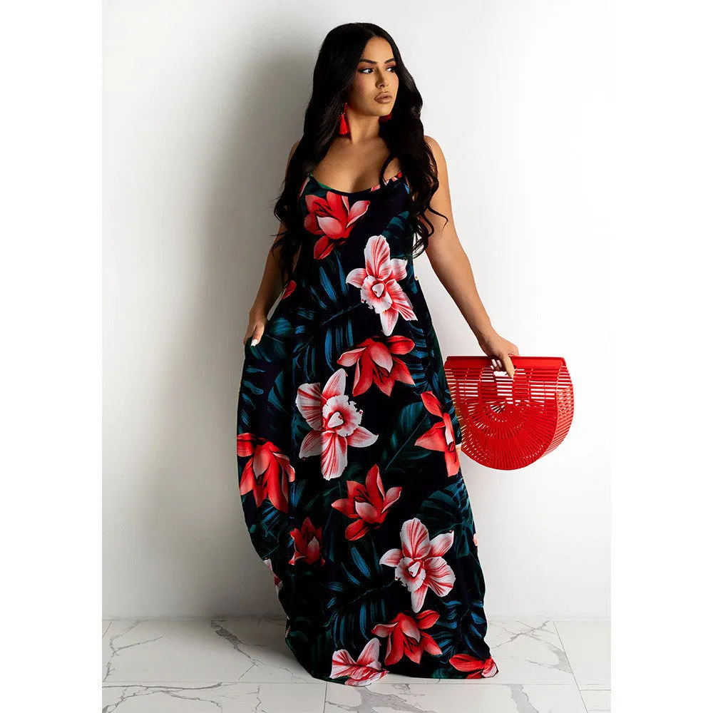 Floral print loose slip dress long dress