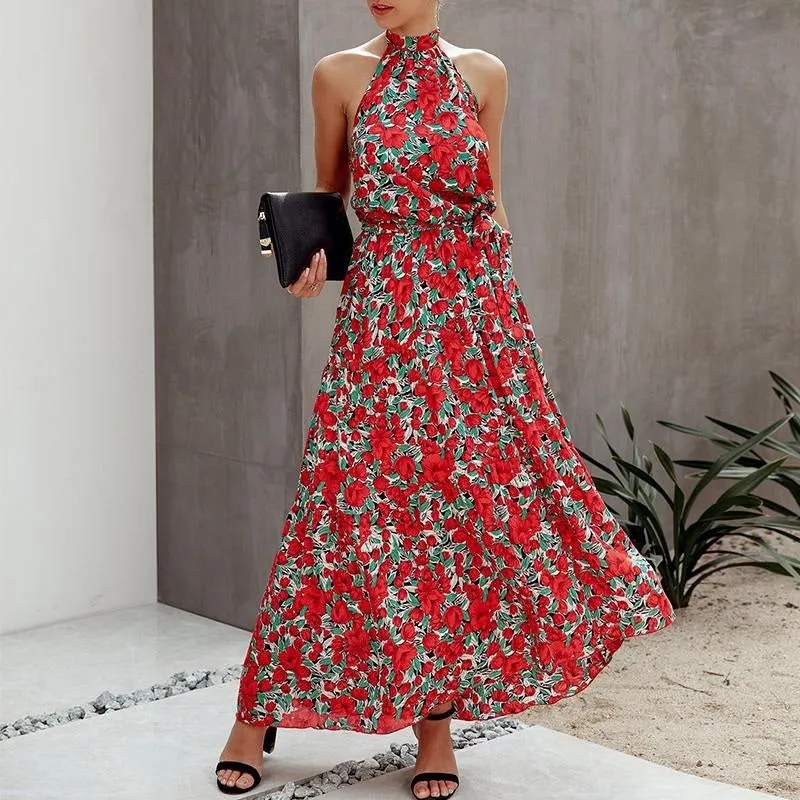 Floral Print Plus Size Sleeveless Belt High Waist Boho Maxi Dress