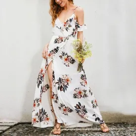 Floral Print Ruffles Chiffon Long Maxi Dress