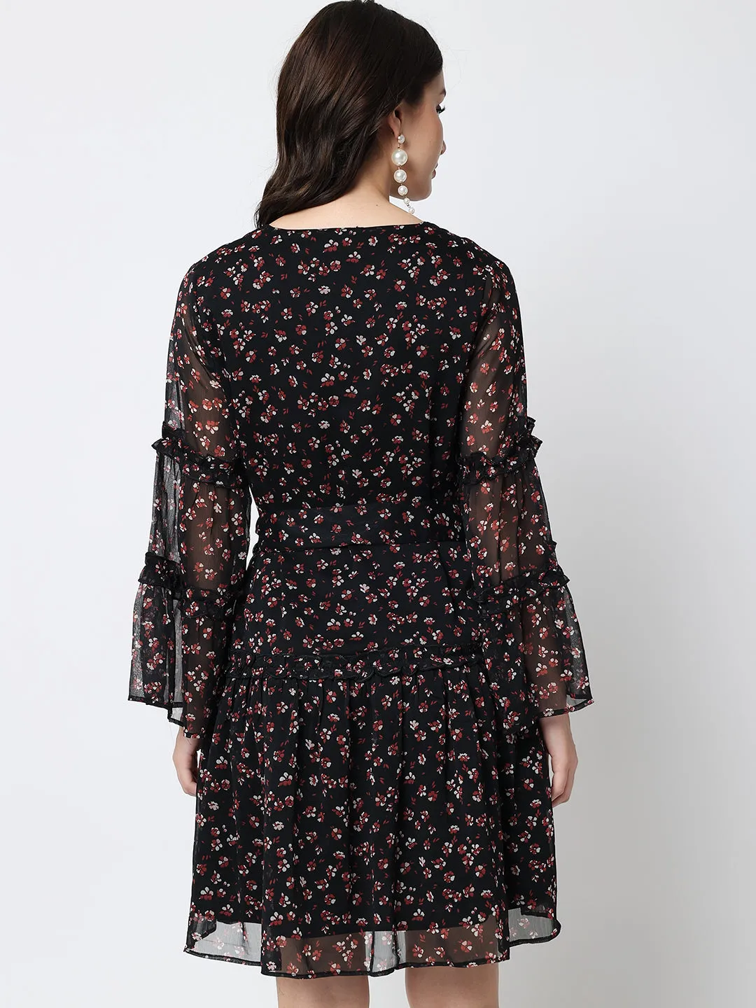 Floral Printed Bell Sleeves Fit & Flare Dress