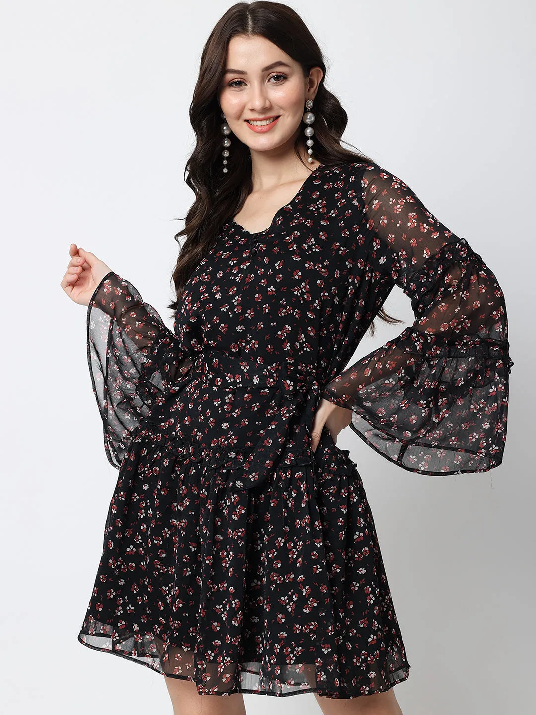 Floral Printed Bell Sleeves Fit & Flare Dress