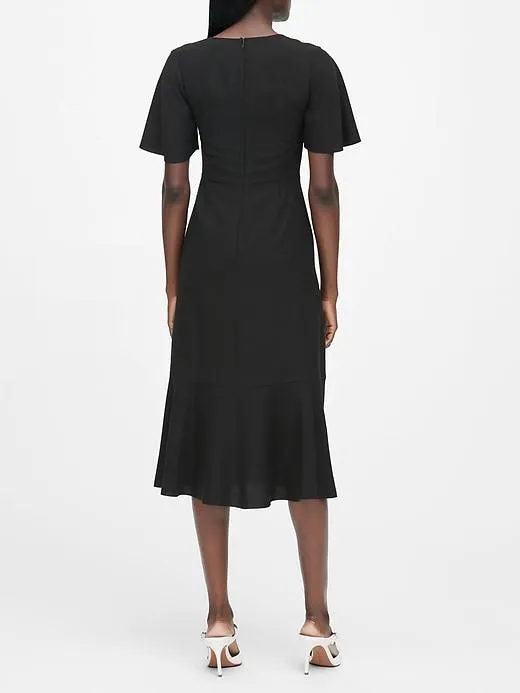 Flutter-Sleeve Midi Dress in Black