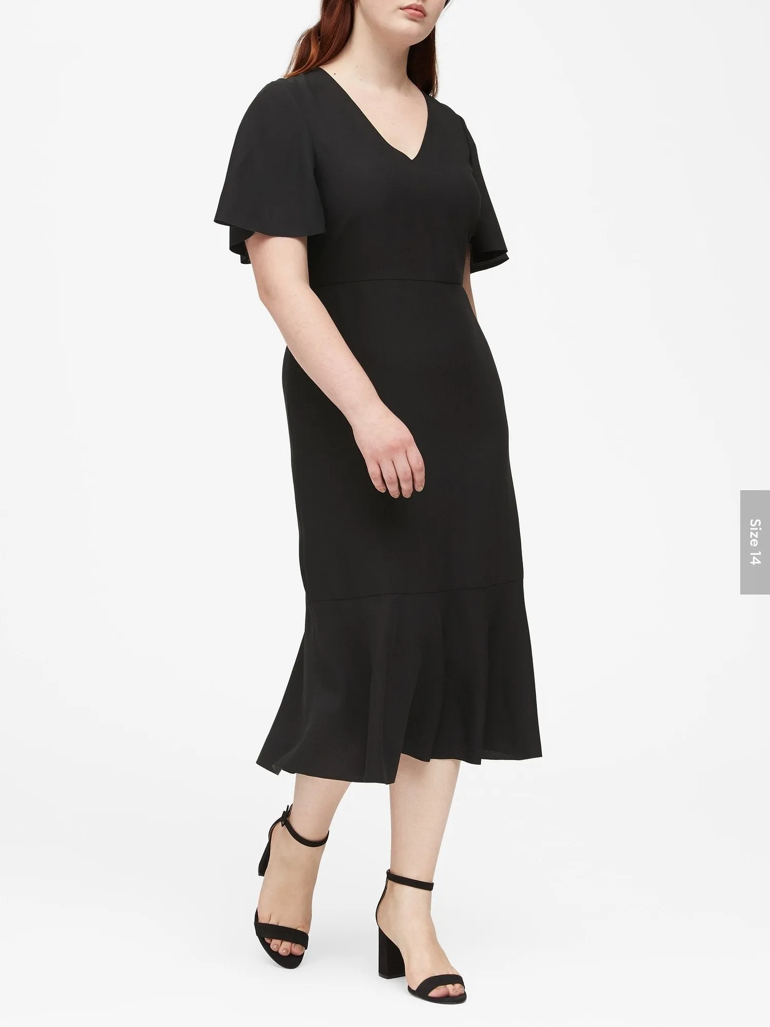 Flutter-Sleeve Midi Dress in Black