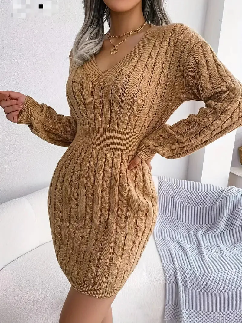 Flytonn- Cable Knit V Neck Sweater Dress