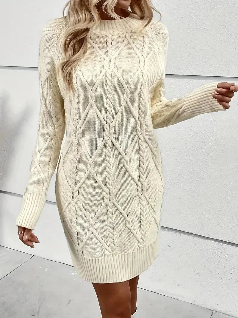 Flytonn- Casual Crewneck Solid Color Knit Sweater Dress