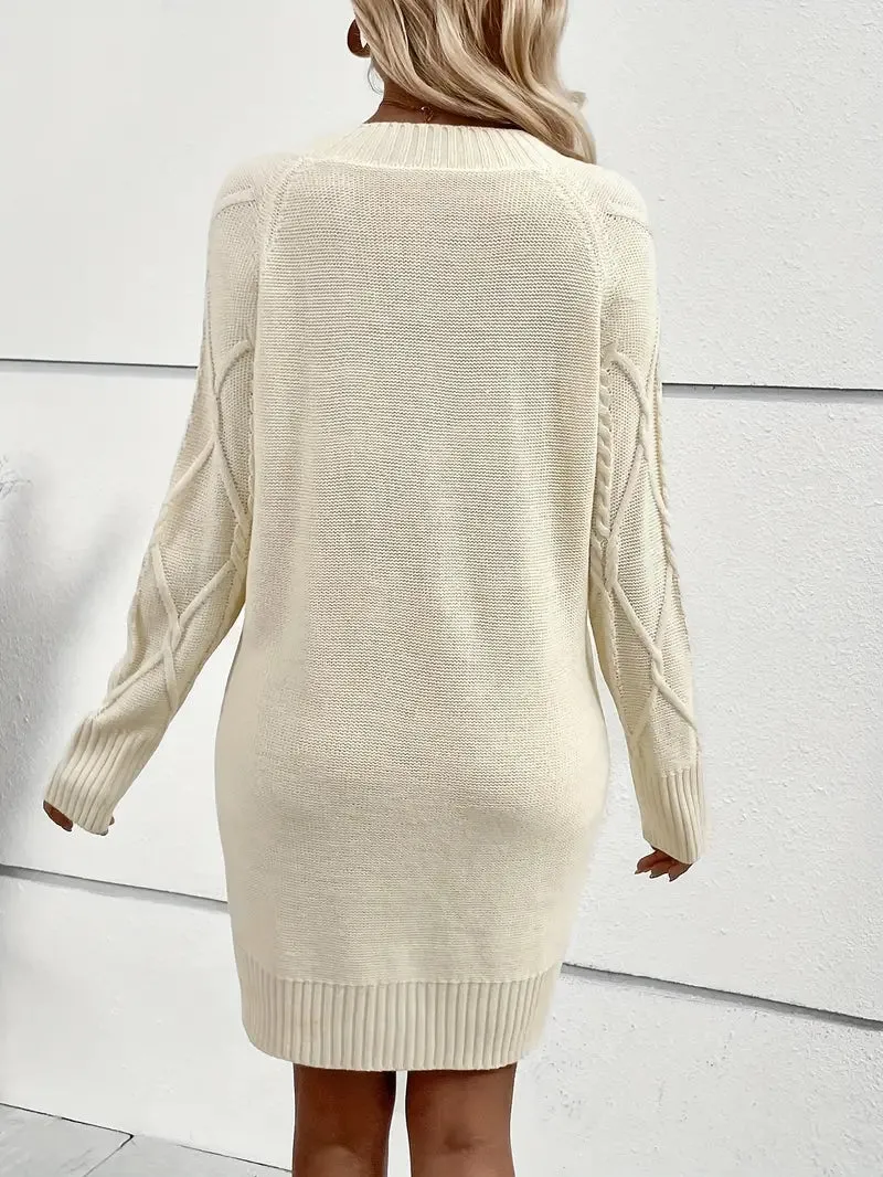 Flytonn- Casual Crewneck Solid Color Knit Sweater Dress