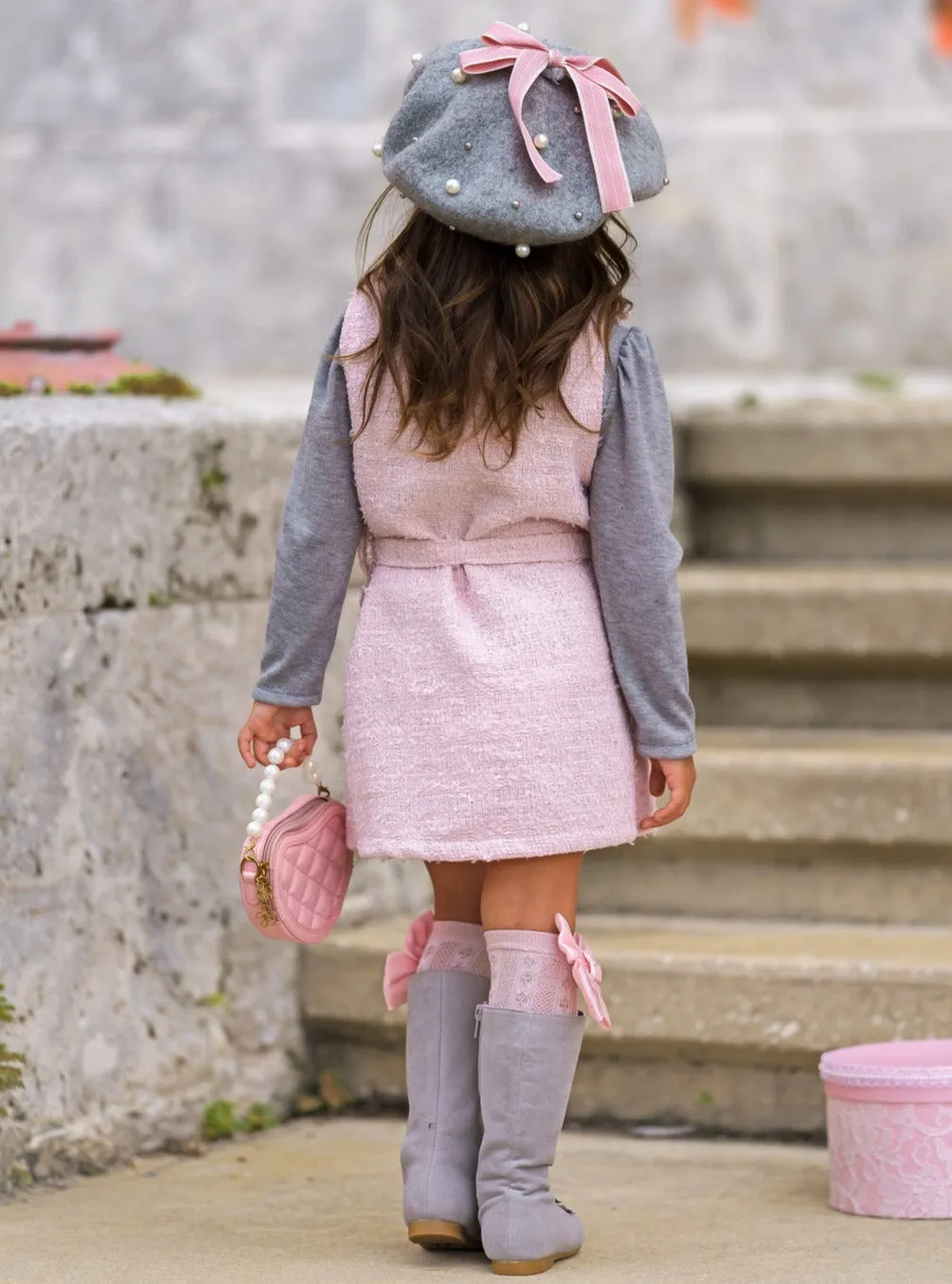 Forever Chic Grey Turtleneck and Belted Pink Tweed Shacket Dress Set