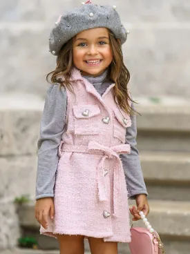 Forever Chic Grey Turtleneck and Belted Pink Tweed Shacket Dress Set