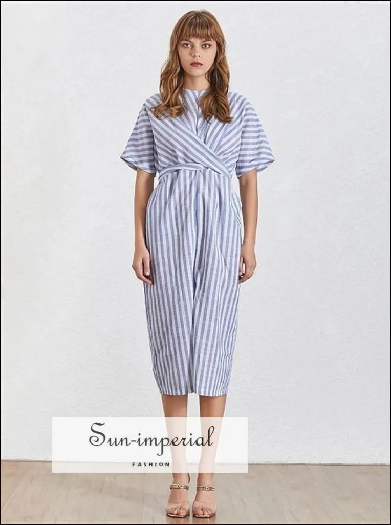 Freya Dress- Summer Striped Women Dress O Neck Short Sleeve Lace up Split Midi Dress