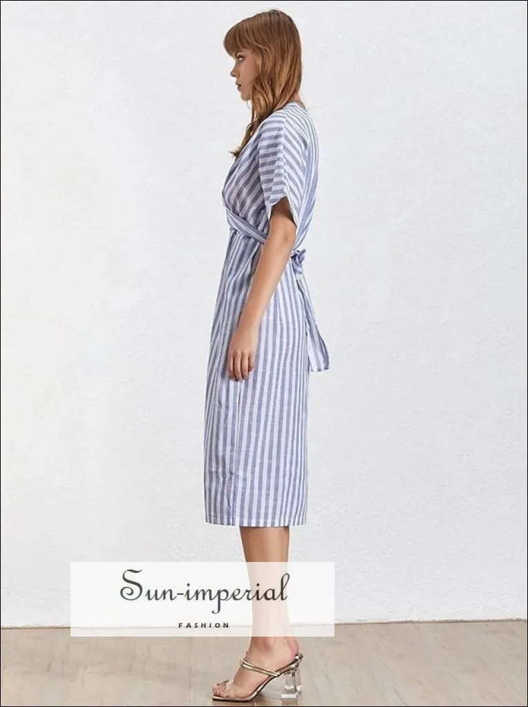 Freya Dress- Summer Striped Women Dress O Neck Short Sleeve Lace up Split Midi Dress