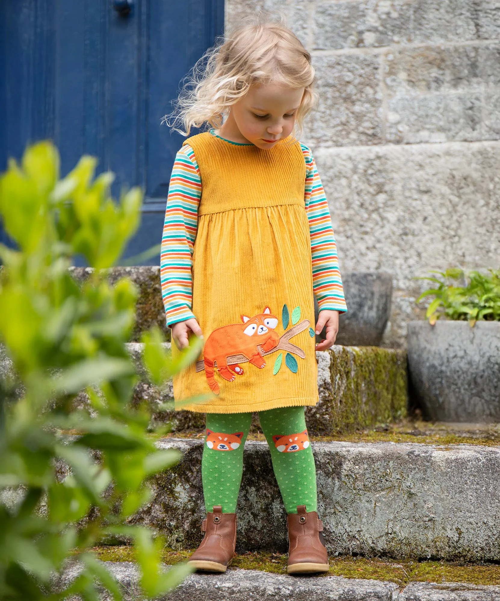 Frugi Lovely Lily Cord Dress - Gold/Red Panda